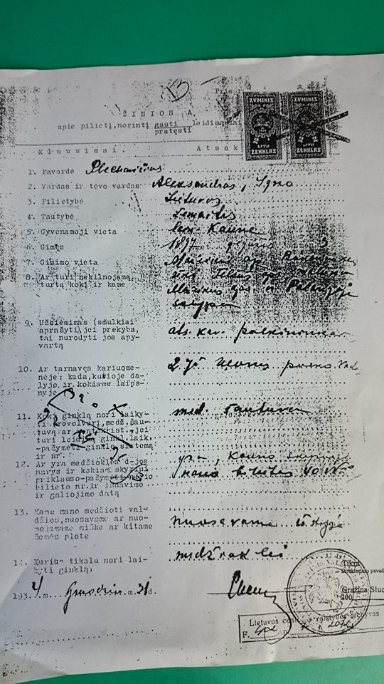 Aleksandro Plechavičiaus 1934 m. dokumentas.